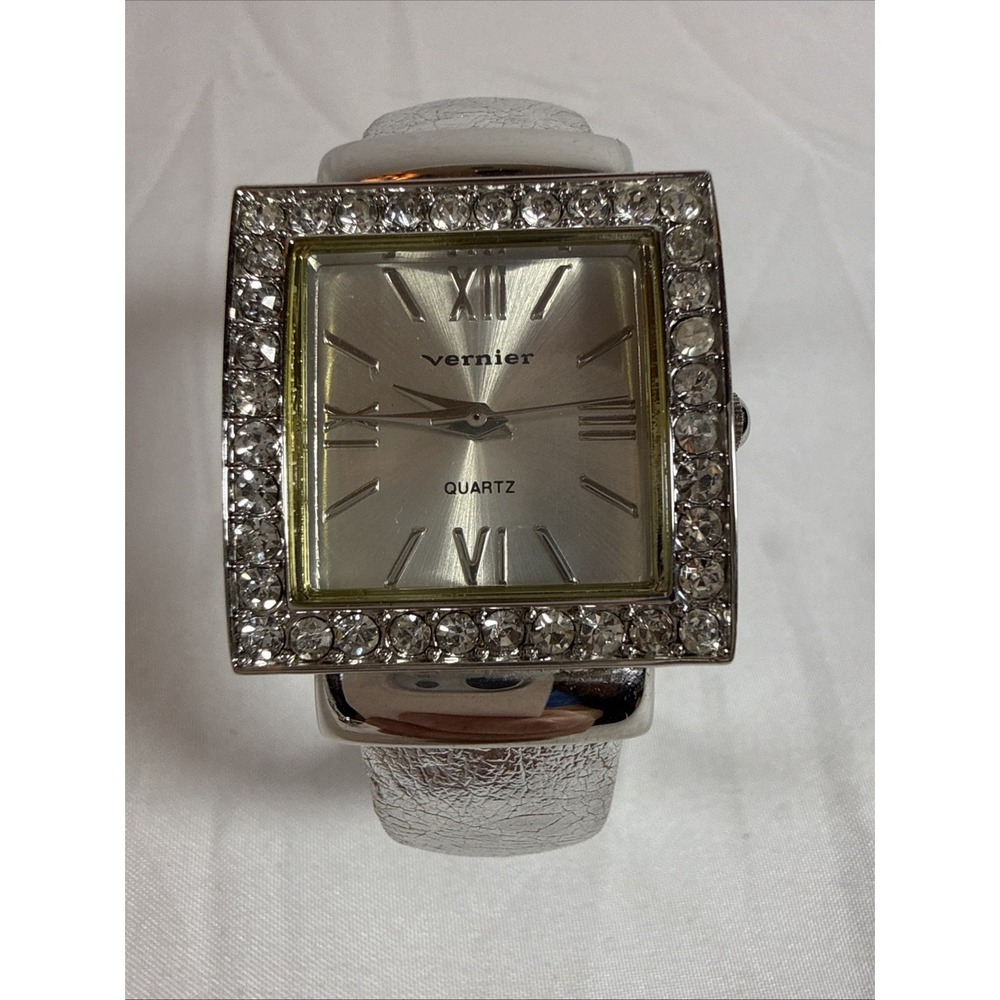Vernier Womens Quartz Watch Square Rhinestone Bezel Silver Metallic Cuff Band